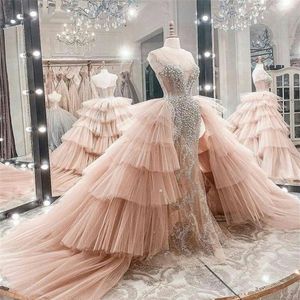Rosa sjöjungfru bröllopsklänningar med löstagbart tåg tiered tyll anpassad applikation spets brud klänning lyxpärlor illusion brud209m