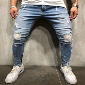 Jeans masculino skinny slim fit rasgado grande e alto elástico azul para homens cintura elástica desgastada M-4XL281O