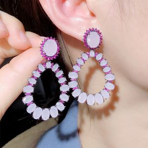 Kadın için lüks damla tasarımcı küpe fuchsia aaa kübik zirkonya bakır s925 Sterling gümüş iğne kadın düğün nişan elmas küpe takı