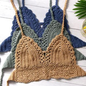Sexy Women Bikini Crop Top Crochet Boho Beach Bralette Halter Cami Cami de Malha Regata Sem Costas Summer Holiday Beachwear Camisoles 2891