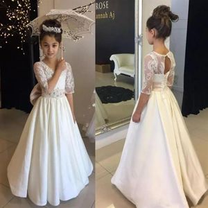 Vintage Lace Long Flower Girl Dress Beaded Floor Length A-Line Half Sleeve First Communion Dresses For Wedding Gowns264R