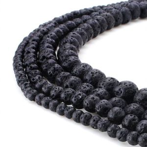 Tsunshine toppkvalitet Sten naturlig svart lava ädelsten runda lösa pärlor för diy smycken som gör europeisk 1 sträng - 4mm -10mm260t