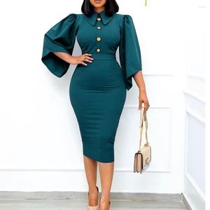 Casual Dresses Office Ladies Women Turn Down Collar Flare Sleeve Button Sheath Package Hip Mid Calf Fashion Business Work