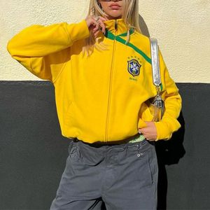 Moletons femininos com capuz Jaqueta Brasil vintage com letras bordadas com zíper e moletons Y2K Grunge Coat estético Slim Sweatshirts 2000s Retro Graphic Jumper 230720