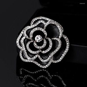 Brooches Female Fashion White Crystal Black Camellia For Women Luxury Silver Color Enamel Alloy Flower Brooch Safety Pins