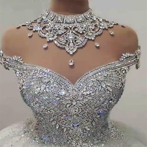 Sparkle Crystal Vestidos Novia 2022 Vestido de Noiva Gola Alta Vestidos de Noiva de Luxo Sem Encosto Frisado Princesa robe de mariee270M