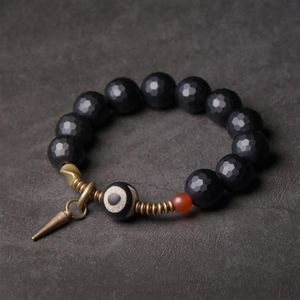 Pulseira de obsidiana preta com face de 10 mm, miçanga tibetana misturada, vintage, cobre processado, joias de oração de cura zen para homens e mulheres 210U