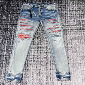 FALECTION MENS 22ss bandana vermelho JEANS PATCH BORDADO RASGADO calça motociclista rockstar jean292A