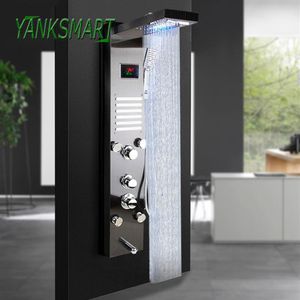 Nickel Brushed Black Digital Display Shower Panel Column LED Rain Waterfall Spa Jets Bath Mixer Faucet Bathroom Sets279K