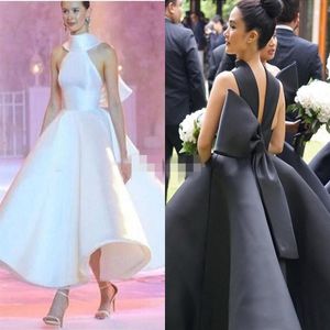 2020 Latest Satin Ballgown Prom Dresses High Neck Black White Big Bow Plunging Ankle Length Custom Made Evening Gown Formal Occasi2898
