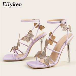 Sandália Eilyken Sexy Crystal Sandals Salto Alto Feminino Festa de Verão Vestido de Baile Fivelas Roxo Pumps Stripper Sapatos Femininos Tamanho 41 230719