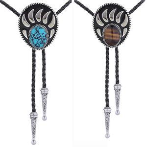 Боло Связывание Totem Bear Print Burquoise Tiger Eye Stone Bolo галстук веревка Западный Ковбой Боло галстук HKD230719