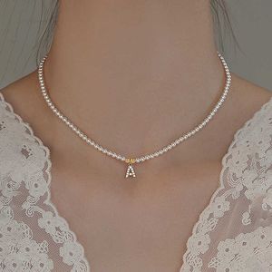 Personalized Bling Cubic Zirconia A-Z Letter Pendant Pearl Beaded Necklace Cz Zircon Initial Alphabet A-Z Choker Chain Female Collar Boho Beach Jewelry Gift For Women