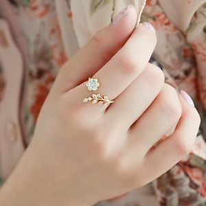 New fashion Rhinestone twisted leaves wishful flowers adjustable tail ring For Women girl Accessories jewelry wholesale