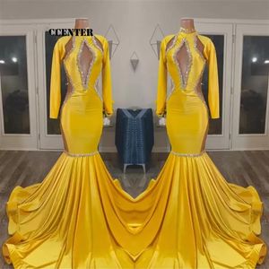 2023 Vestidos de Baile de Ouro Amarelo Para Meninas Negras Vestido de Festa Africano Manga Longa Ocasião Especial Vestido de Noite Sereia robe de femme 232i