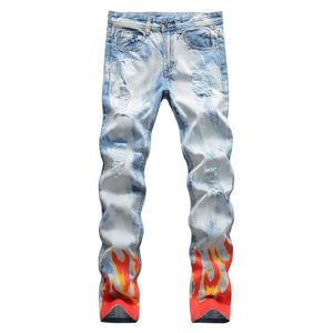 Men's Jeans Flame Print Snow Washed Light Blue Denim Pants Slim Straight Trousers White248c