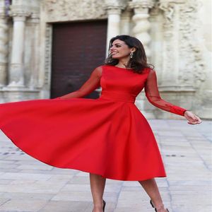Red SatinTea Length Cocktail Dress Elegant Sheer Long Sleeves Backless Women Formal Party Gowns Short A Line Evening Dresse214v