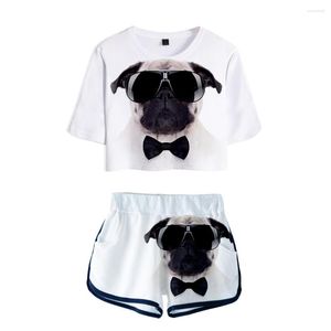 Kadınların Trailsits En son 3D Pug Maruz Kafalı Göbek Tişört Şortu İki Parçalı Setler Moda Hayvan Köpek Gündelik Kız Yaz