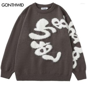 Suéter Masculino Harajuku Fluffy Letter Sweater Hip Hop Malha Jumpers Streetwear 2023 Moda Masculina Casual Solta Pulôver Malhas