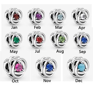 NEW 925 Sterling Silver Fit Pandora Charms Bracelets Birth Stones Family Tree Jan Feb Month Charm for European Women Wedding Origi221r