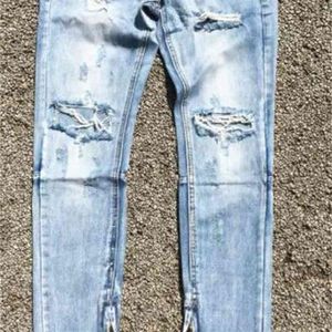 Men jeans selvedge blixtlås förstörde mager smala passform Justin Bieber vintage rippad blå denim version277d
