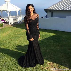 Evening Dresses 2017 Sexy Arabic Jewel Neck Illusion Lace Appliques Crystal Beaded Black Mermaid Long Sleeves Formal Party Dress P2517