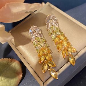 Stud Luxury Brand Marquise Yellow Cubic Zirconia Earrings Leaf Flower Long Dingle Earring For Women Bridal Wedding Jewelry 230719
