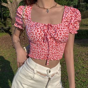 Women's T Shirts Summer Puff Sleeve Ruched T-shirt Butterfly Print Square Collar Ruffles Tie-up Slim Fit Crop Tops Female Blouse