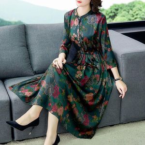 Sukienki swobodne Summer Silk Silk Stand Sukienka Midi Sukienka Elegancka Slim Fit Office Lady 2024 Vintage Party A Line Vestido M652