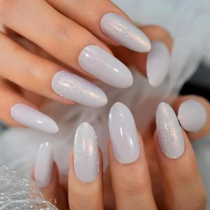 Falska naglar medellång lång storlek med glitter falskt akryl nagelpulver full täckgrå färg klistermärke mandelkonst