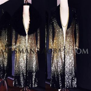 Men's Suits & Blazers Male Singer DJ Nightclub Bar Embroidered Black Gold Sequins Gradient Long Fur Overcoat Punk Stage Perfo277I