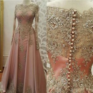 2021 Blush Pink Prom Dresses for Women Wear Jewel Neck Long Sleeves Gold Lace Appliques Crystal Beaded Sexy Formal Evening Party G270i