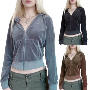 Kvinnans jacka huva kappa långärmad dragkedja hjärtans fickor Fall Spring Street Casual Loose Short Velvet Winter Clothes 230719