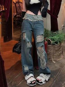 여자 청바지 빈티지 찢어진 여성 아메리칸 하이 스트리트 캐주얼 트렌드 허리 2023 패션 느슨한 모든 매치 넓은 다리