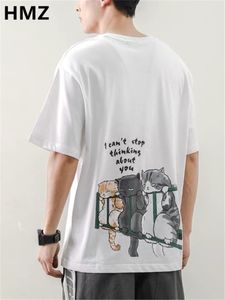 Hmz yaz gevşek pamuklu tees karikatür kedi tişört sokak giyim çift büyük boy giyim erkekler rahat baskı üst harajuku tee unisex