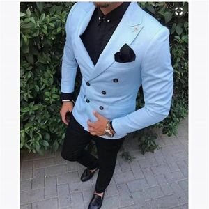 Ternos masculinos Blazers mais recentes calças de casaco Designs casuais cavalheiros duplos homens de peito de casas de casamento azul -céu praia masculino Groom2691