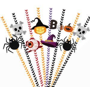 Halloween Theme 24pcs/set Disposable Straws Spider Jack-o-Lantern Witch Skull Paper Straw Happy Halloween Ghost Festival Party Decor