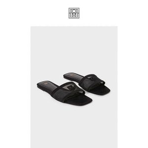 TOTEME Black Mesh Square-Toe Flat Slippers for Women, Breathable Summer Beach Open-Toe Footwear