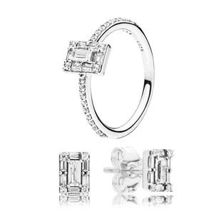 Square Halo Ring Saplama Küpe Pandora için Set 925 STERLING Gümüş Tasarımcı Takı Kadınlar için Set Kristal Elmas Alyans Orijinal Kutu ile Küpe