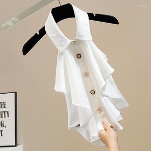 女性用ブラウスフリルスティッチシングルブレストレスシャツトップメスホルターショートブラウスホワイトシフォン女性の夏の服