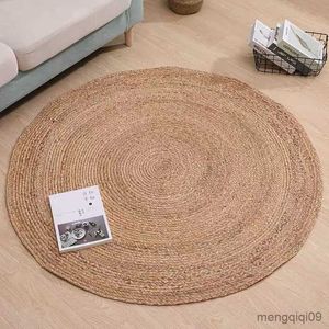 Carpets Hand-woven Rattan Carpets Round Straw Natural Plants Fiber Rugs Hotel Garden Living Room Coffee Table Cattail Carpet Mats R230720