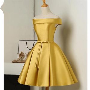 Simple Gold Short Under 100 Prom Homecoming Dresses Evening Gowns Off the shoulder with Sleeves Bows Party Pageant Club Cocktail D321w