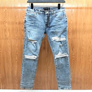 Farection Mens 21FW Wysokiej jakości dżinsy w trudnej sytuacji motocyklowy motocykl Jean Skinny Slim Risped Hole Stripe Modne MX1 Opalizowanie 233Z