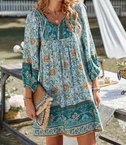 Casual klänningar för kvinnor 2023 Summer Fashion Sweet Bohemian Long Sleeve V-Neck Vacation Loose Mini Dress Clothes