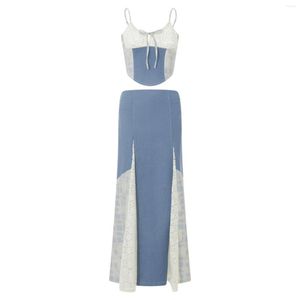 Work Dresses Puloru Denim Lace Patchwork 2 Piece Summer Outfits Women Sleeveless Sling Camis Corset Tops And Long A-Line Skirt Aesthetic