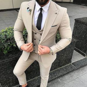 Slim Fit Beige 3 Piece Suit Men Wedding Tuxedos Bridegroom Groomsmen Suits Men Business Party Prom BlazerJacket Pants Tie Vest1316y