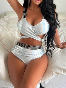 Damenbadebekleidung Sexy Laser White Bikini Frauen Gestrickte Patchwork Push Up Cross Hohe Taille Badeanzug 2023 Sommer Badeanzug Zweiteilige Badebekleidung