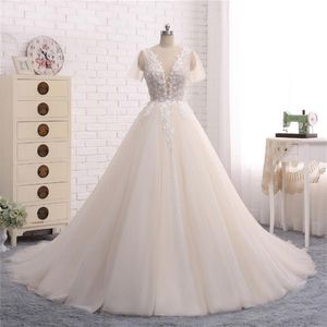 New Long Wedding Dress Scoop Short Sleeves A-Line Chapel Train Appliques Tulle Bridal Gowns Vestido de noiva273D