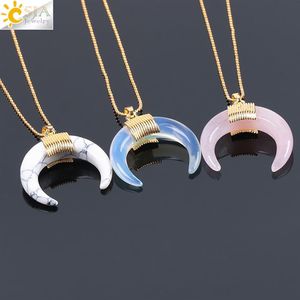 CSJA Natural Stone Crescent Half Moon Necklace Pendant with Chain Gold Color Wire Wrapped for Women Rose Quartz Crystal DIY Jewelr304u