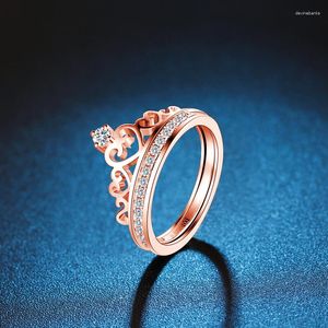 Cluster-Ringe ZHJIASHUN Klassische Krone 0,1 ct echte natürliche Diamant-Hochzeit für Frauen 18 Karat 585 Roségold Verlobungsbänder Feinschmuck